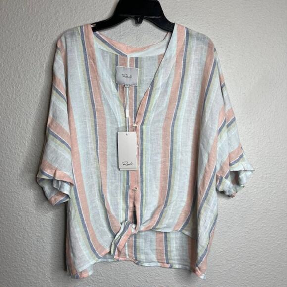 NEW Rails Thea Linen Tie Waist Blouse Biarritz Multi Stripe Medium - Picture 7 of 16